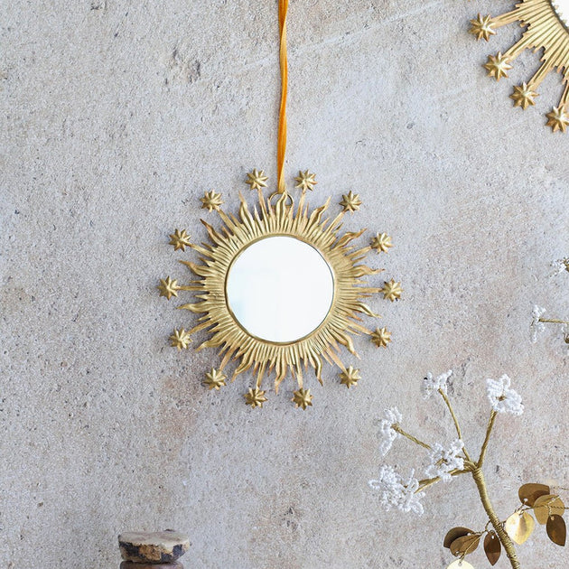 Miroir Rond Forme Soleil Rouge et Or Diamètre 25cm - 3845