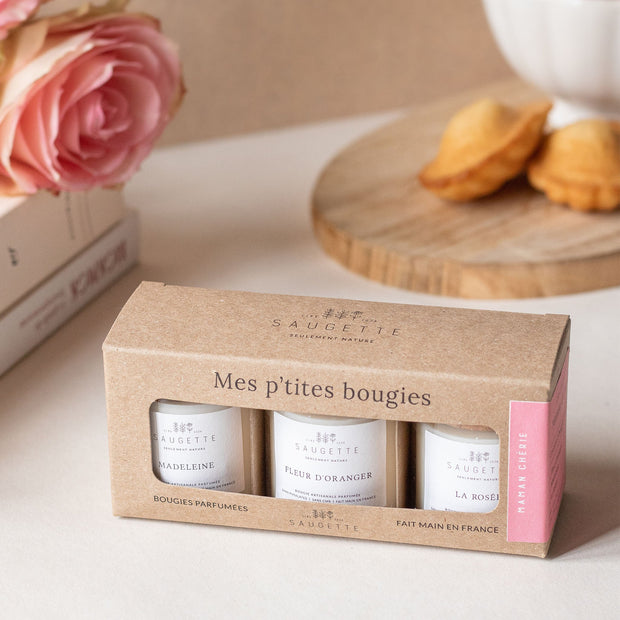coffret 3 mini bougies artisanales parfumées maman SAUGETTE - La Boite à Bonheur 