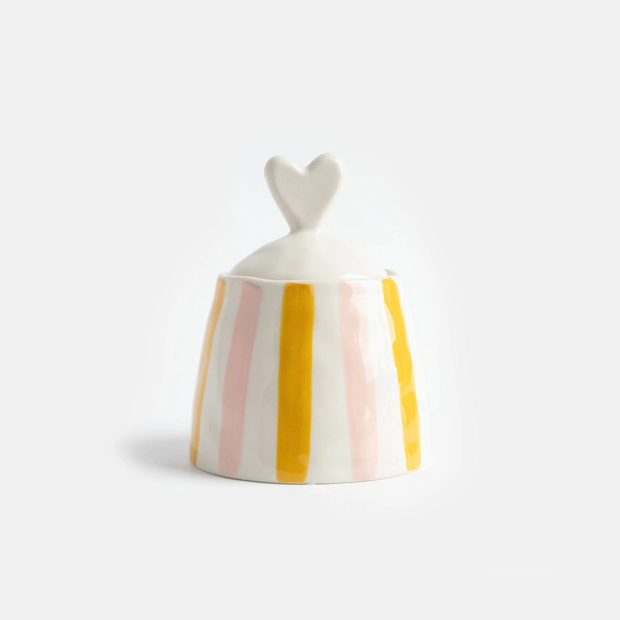 Sucrier Céramique - Rayures Rose et Jaune Couvercle Cœur  - Caroline Gardner